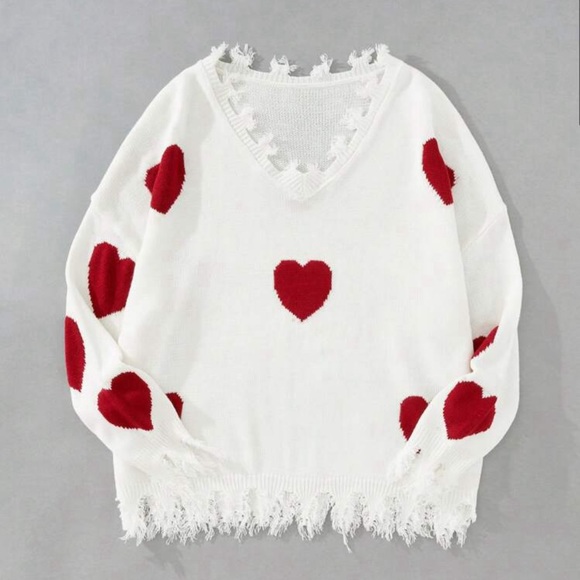 Women's Heart Pattern Ripped Sweater V Neck Distressed Knit Pullover Sweater - Picture 5 of 8